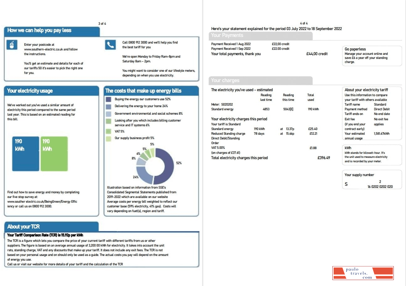 United Kingdom SSE Energy utility bill, Word and PDF template, 4 pages 3 4